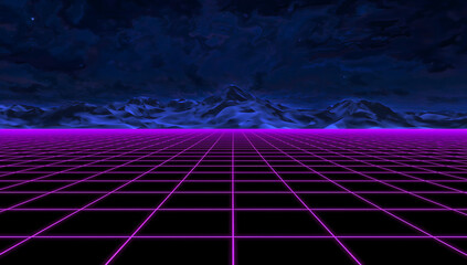 Retro 80s Synthwave Landscape Grid Background with Neon Purple Lines