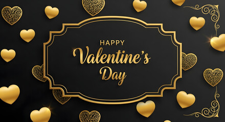 Golden Ornate Hearts on Black Frame &ndash; Luxurious Happy Valentine's Day