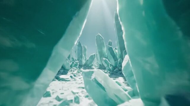 Mystical Turquoise Ice Cave with Crystal Formations and Glowing Light Frozen Fantasy Landscape 4K UHD