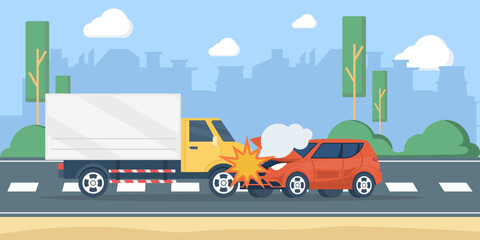 Car accident vector illustration showing a truck and car collision from the side. Road crash concept highlighting vehicle damage, traffic safety, and personal driving awareness. © FAHMI 