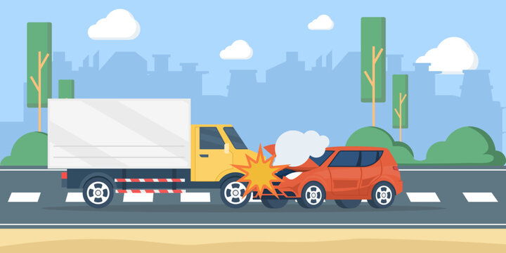 Car accident vector illustration showing a truck and car collision from the side. Road crash concept highlighting vehicle damage, traffic safety, and personal driving awareness.
