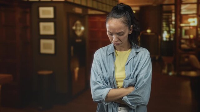 Young hispanic woman with arms crossed and subtle hand flick gesture in building lobby, yellow shirt visible; quiet annoyance.