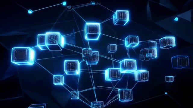 Abstract blockchain visualization, glowing cubes connected by digital lines