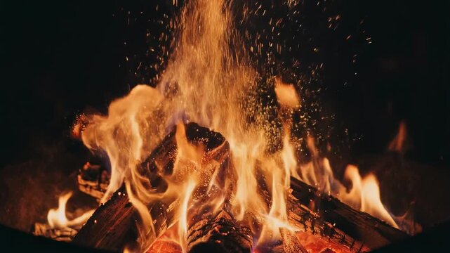 Close up of a warm campfire burning wooden logs with glowing sparks on a dark background
