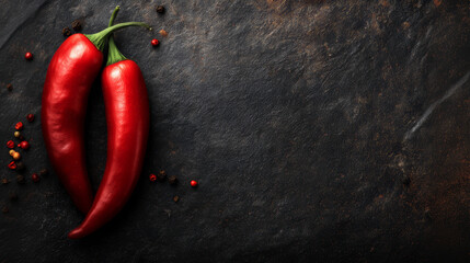 Czerwone Papryczki Chili z Przyprawami na Czarnej Powierzchni © AltisArt