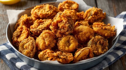 Crispy and Delicious Fried Oysters Served in a Bowl on a Rustic Wooden Table with Checkered Napkin and Lemon Wedge for a Tasty Seafood Delight