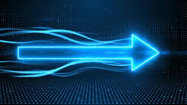 A neon blue arrow pointing rightward on a dark digital grid background, viewed from a straightforward perspective