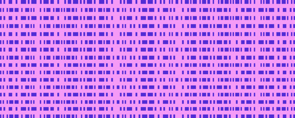 Abstract pattern of purple horizontal barcode lines and dashes arranged in rows on pink background. Digital data and coding