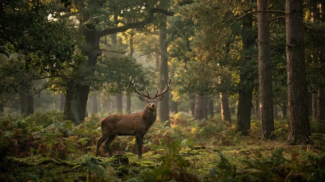 Majestic red deer stag standing in serene forest with sunlight filtering through trees in nature