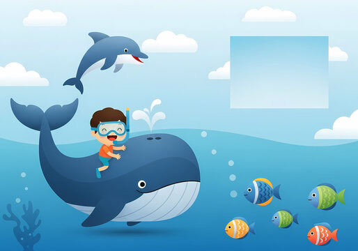 海の生き物と青い空の少年