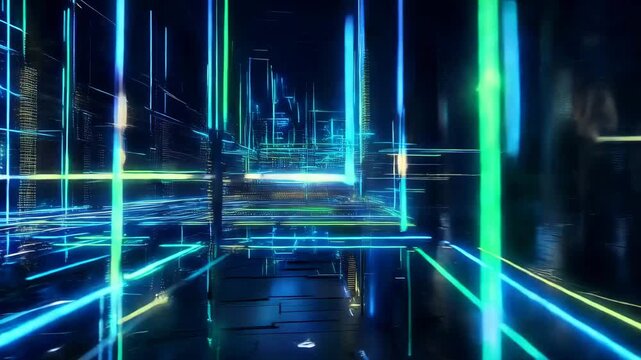 Abstract server network visualization, glowing vertical and horizontal lines