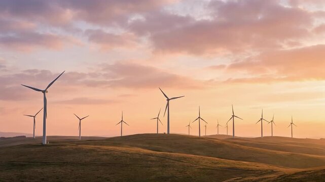 Renewable wind turbines on rolling hills at sunset generating clean energy in sustainable landscape