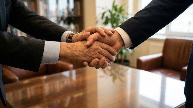 older and younger professional shaking hands across wooden desk in bright office, emphasize experience and guidance, agreement, trust, and collaboration.  formal business meeting and partnership 