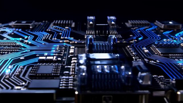 Close-up of a green computer circuit board with chips and electronic components
