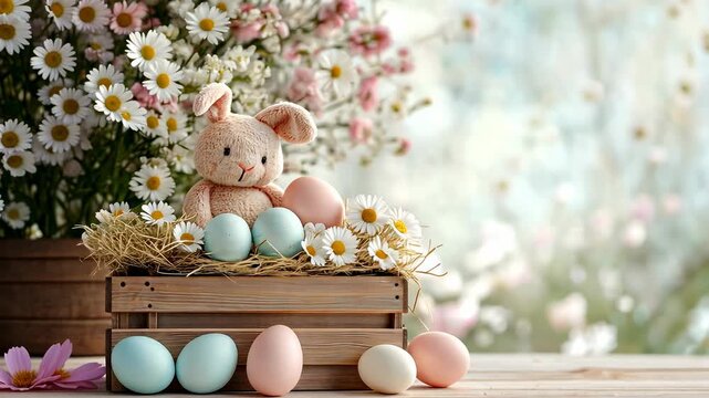 Animated spring scene with cute plush bunny, easter eggs, and blossoming flowers