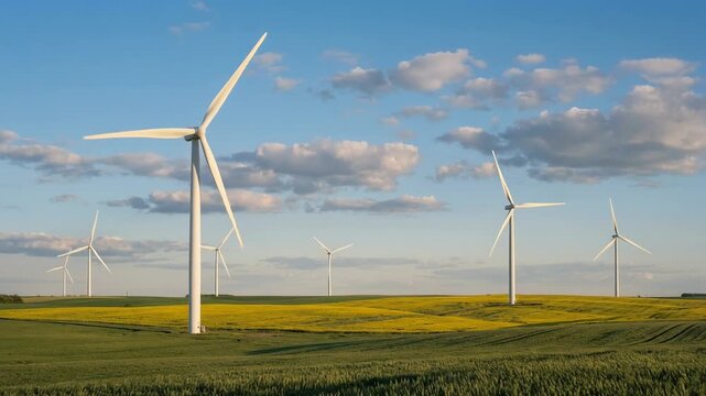 Renewable energy wind turbines in green agricultural fields under a blue sky with clouds