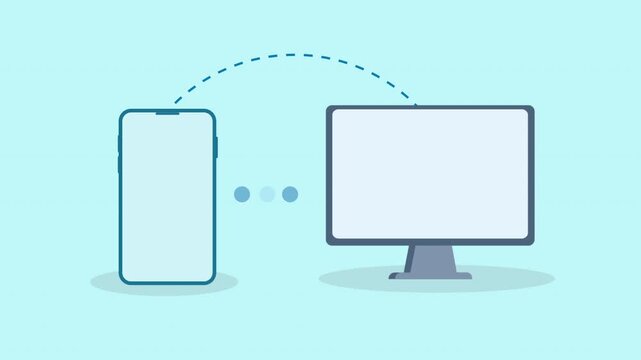Flat minimal illustration of a smartphone and desktop computer connected by a dotted arc, representing wireless data synchronization, file transfer, and cross-device communication.

