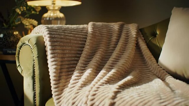 Cozy ribbed throw draped over plush sofa next to decorative cushion