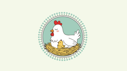 Sweet illustration of a mother hen and her chick in a nest surrounded by a decorative border for farm, family, and easter themes.