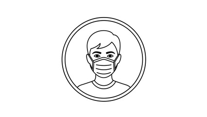 Obraz premium Simple black and white line drawing depicts a male figure wearing a protective surgical face mask inside a circular frame for health safety awareness.