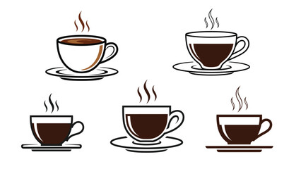 Diverse set of coffee cup icons with steam in different styles and fill levels for coffee shops, cafes, and morning beverage themes.