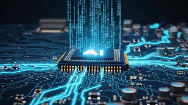 AI Chip Digital Waterfall on Circuit Board with Future Tech.