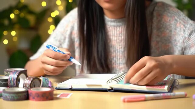Young person decorating spiral bound notebook with decorative adhesive tape and writing instrument