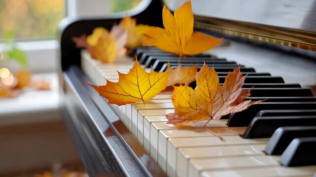 Autumn leaves gracefully drift across piano keys, creating a melodic dance of fall colors