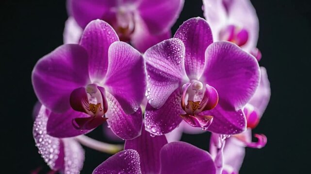 Closeup of vibrant purple orchids with water droplets on petals set against a dark background