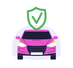Car insurance concept, protected automobile with safety shield and check mark, vehicle coverage and auto risk protection, secure transport assurance isolated on background flat vector illustration.
