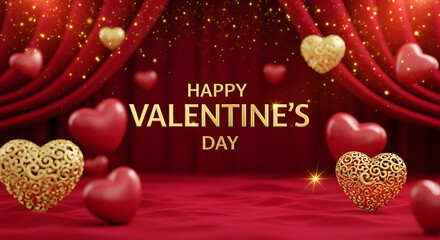 Golden Lace Hearts on Red Curtain &ndash; Glamorous Happy Valentine's Day Tile