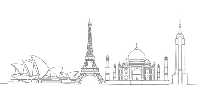 World landmarks line art, famous monuments