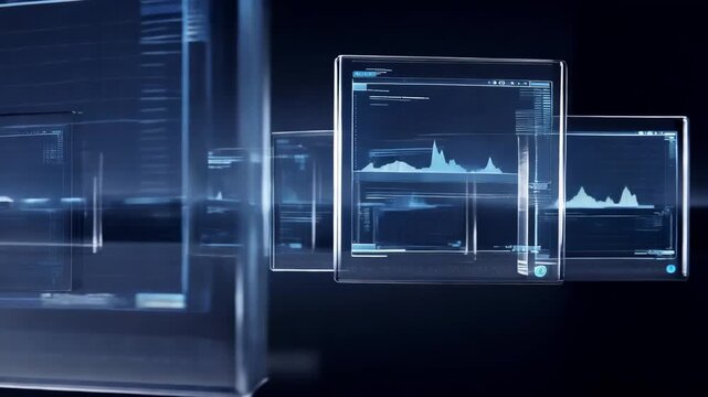 Minimal virtual workspace with floating transparent screens and digital UI elements