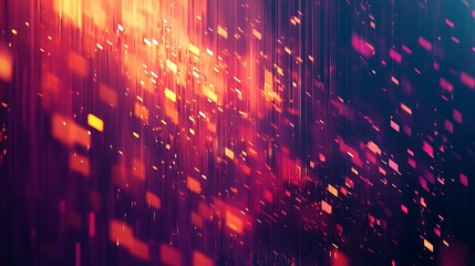 Obraz premium Abstract digital data stream with glowing orange and purple bokeh particles for high speed technology background