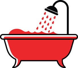 Red bathtub with black shower head and red water drops