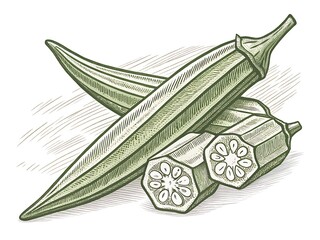 Fresh Green Okra Pods and Sliced Okra Isolated on White Background