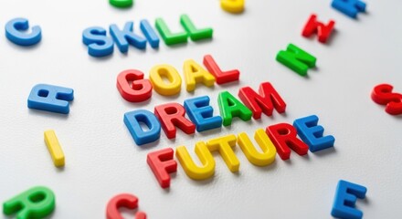 Fototapeta premium Multicolored magnetic letters spelling out 'SKILL GOAL DREAM FUTURE' on a white background.