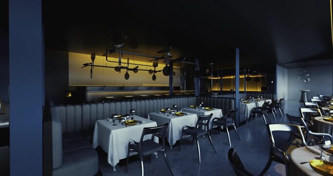 Sleek dining area showcases futuristic design with stylish furniture and ambient lighting. Tables are elegantly set, creating a refined atmosphere for guests on Mars.