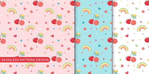 Cute cherry and rainbow pattern set on pink, blue, and white backgrounds
