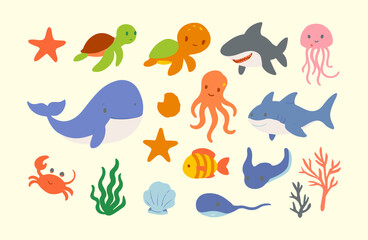 Cartoon Sea Creatures Collection  Cute Ocean Animal Clipart & Underwater Elements for Kids Design.