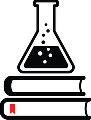 Stacked books with bubbling flask and red bookmark science education