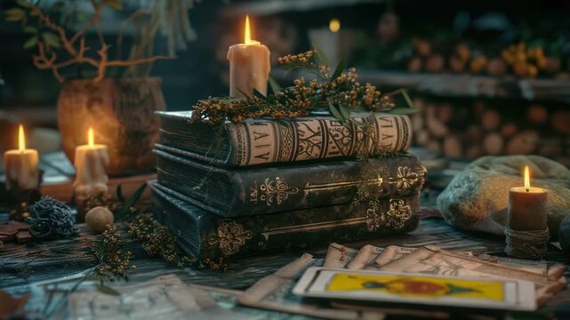 Video A table setup with books and candles, ideal for quiet study or meditation