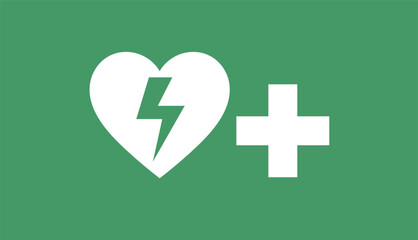 White heart with lightning bolt and white cross on green background medical health