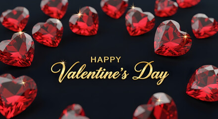 Happy Valentine's Day greeting with sparkling red ruby crystal hearts and gold calligraphy on elegant dark background.
