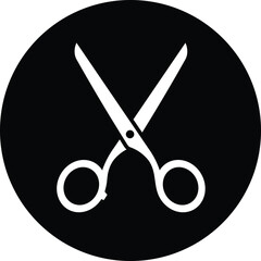 White scissors on black circle background simple tool