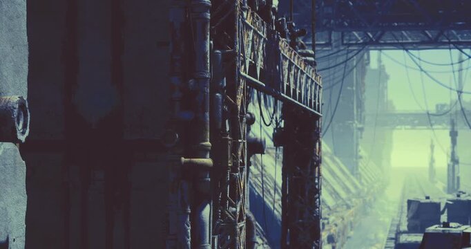 Pipes line the walls of a neglected warehouse filled with shadows. Dim light filters through dust, creating an atmosphere of haunting beauty in the industrial setting during twilight.