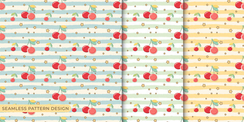 Striped cherry patterns in red, green, yellow, and blue with star accents