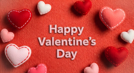Happy Valentine's Day background with cute stitched plush hearts on red fabric texture for warm romantic greetings and craft concepts.