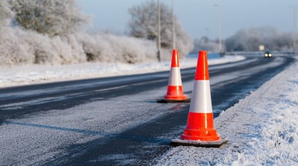 Obraz premium Snowy road with bright orange traffic cones marking a slippery lane under a pale winter sky. Morning ice shine