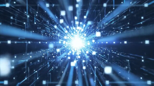 Abstract network of glowing blue lines connecting in a central node